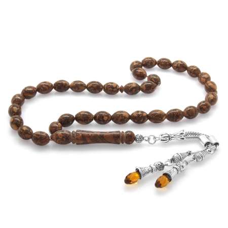 Kararmaz Metal Çift Püsküllü Arpa Kesim Kahverengi Tarçın Ağacı Tesbih - STOKYOK