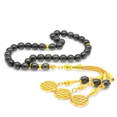 Kararmaz Gold Renk Metal Püsküllü Küre Kesim Hematit Doğaltaş Tesbih - Tesbihane