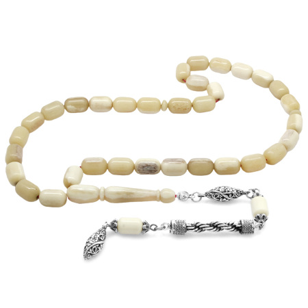 Kararmaz Metal Gümüş Halat Püsküllü Kapsül Kesim Naturel Renk Deve Kemiği Tesbih - Tesbihane