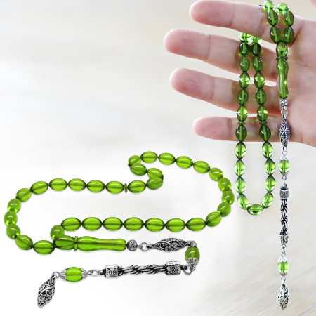 Kararmaz Metal Halat Püsküllü Arpa Kesim Su Yeşili Ateş Kehribar Tesbih - Tesbihane