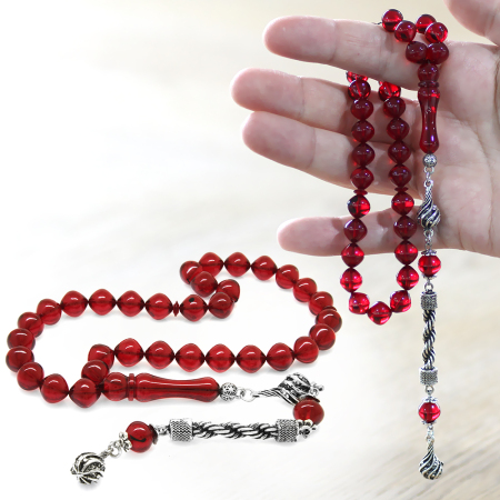 Kararmaz Metal Halat Püsküllü İstanbul Kesim Bayrak Kırmızı Ateş Kehribar Tesbih - Tesbihane