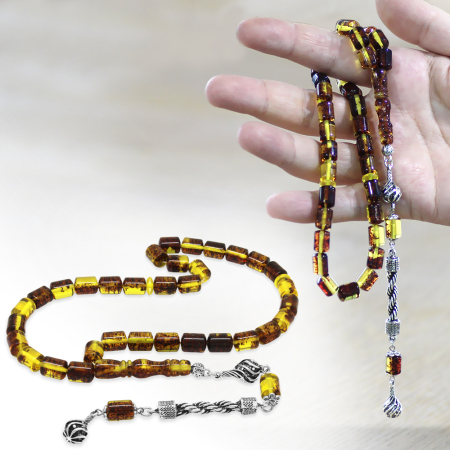 Kararmaz Metal Halat Püsküllü Kapsül Kesim Sarı - Siyah Fosilli Beyrut Kehribar Tesbih - Tesbihane