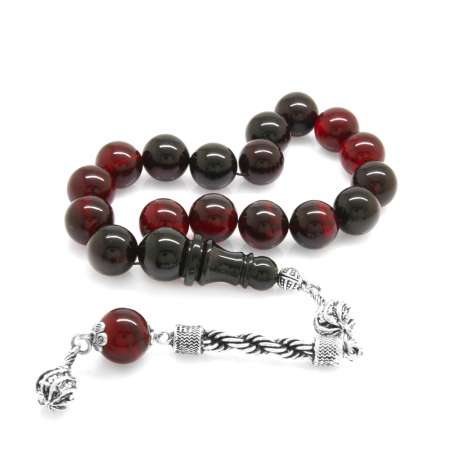 Kararmaz Metal Halat Püsküllü Küre Kesim Kırmızı Siyah Ateş Kehribar Efe Tesbih - Tesbihane