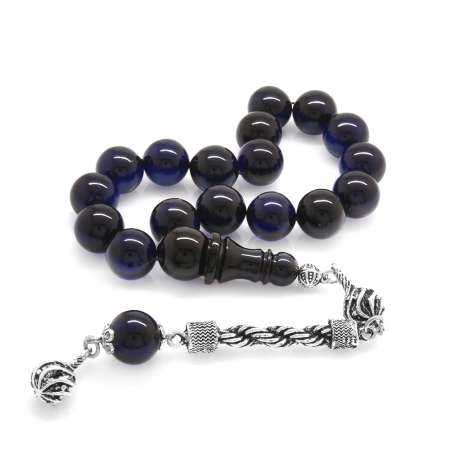 Kararmaz Metal Halat Püsküllü Küre Kesim Lacivert Sıkma Kehribar Efe Tesbih - Tesbihane