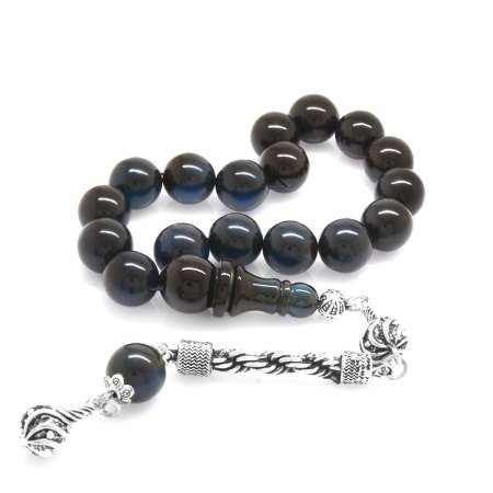 Kararmaz Metal Halat Püsküllü Küre Kesim Mavi Siyah Sıkma Kehribar Efe Tesbih - Tesbihane