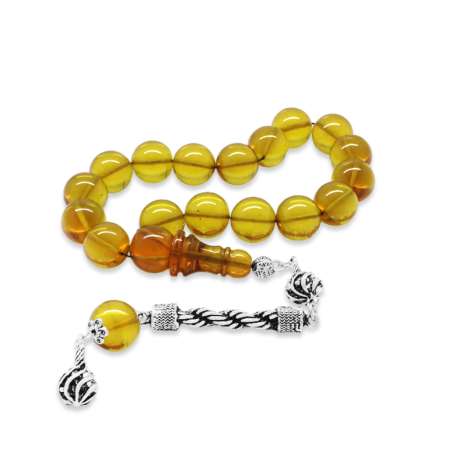 Kararmaz Metal Halat Püsküllü Küre Kesim Sarı Ateş Kehribar Efe Tesbih - Tesbihane