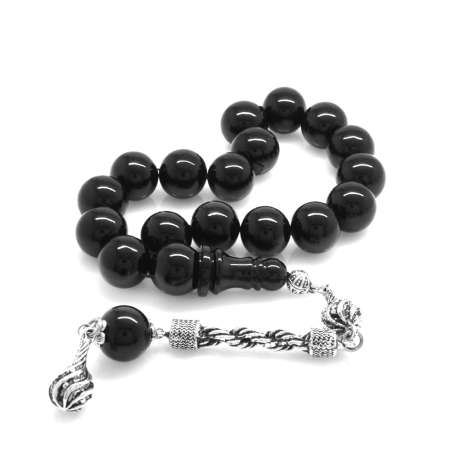 Kararmaz Metal Halat Püsküllü Küre Kesim Siyah Sıkma Kehribar Efe Tesbih - Tesbihane