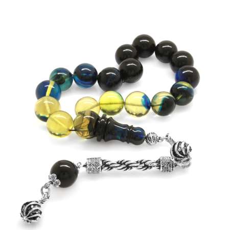 Kararmaz Metal Halat Püsküllü Küre Kesim Süzme Mavi Beyaz Ateş Kehribar Efe Tesbih - Tesbihane