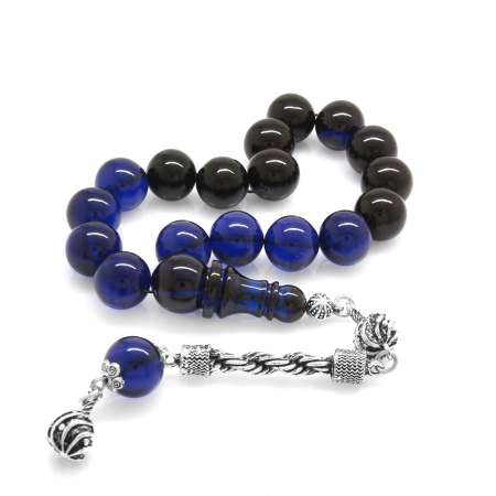 Kararmaz Metal Halat Püsküllü Küre Kesim Süzme Mavi Siyah Sıkma Kehribar Efe Tesbih - Tesbihane