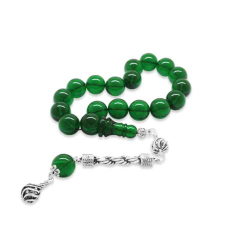 Kararmaz Metal Halat Püsküllü Küre Kesim Yeşil Ateş Kehribar Efe Tesbih - Tesbihane