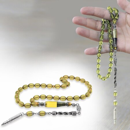 Kararmaz Metal Halat Püsküllü Kurşun Nakkaş İmameli Arpa Kesim Şeffaf Sarı Ateş Kehribar Tesbih - Tesbihane