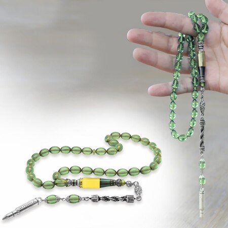 Kararmaz Metal Halat Püsküllü Kurşun Nakkaş İmameli Arpa Kesim Su Yeşili Ateş Kehribar Tesbih - Tesbihane