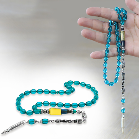 Kararmaz Metal Halat Püsküllü Kurşun Nakkaş İmameli Arpa Kesim Turkuaz Ateş Kehribar Tesbih - Tesbihane