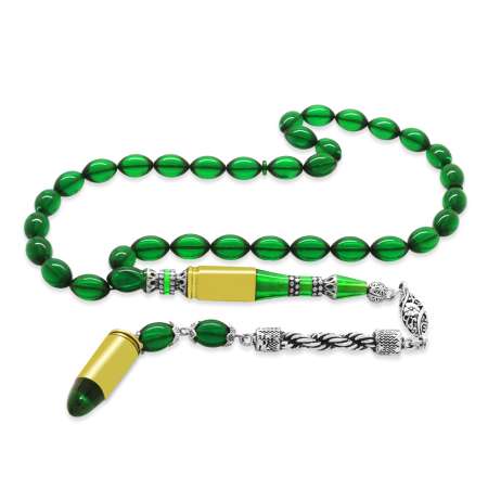 Kararmaz Metal Halat Püsküllü Kurşun Nakkaş İmameli Arpa Kesim Yeşil Ateş Kehribar Tesbih - Tesbihane