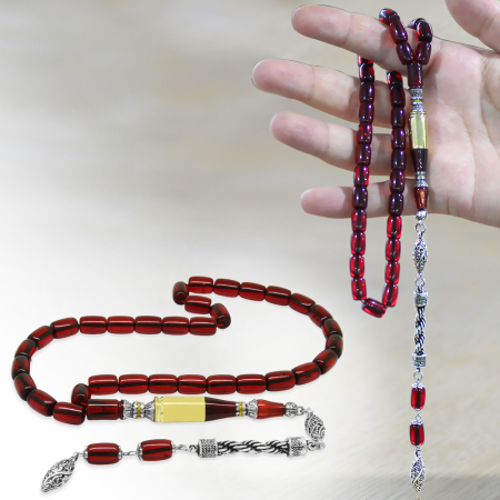 Kararmaz Metal Halat Püsküllü Kurşun Nakkaş İmameli Kapsül Kesim Kırmızı Ateş Kehribar Tesbih - Tesbihane