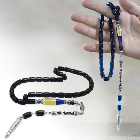 Kararmaz Metal Halat Püsküllü Kurşun Nakkaş İmameli Kapsül Kesim Mavi Sıkma Kehribar Tesbih - Tesbihane