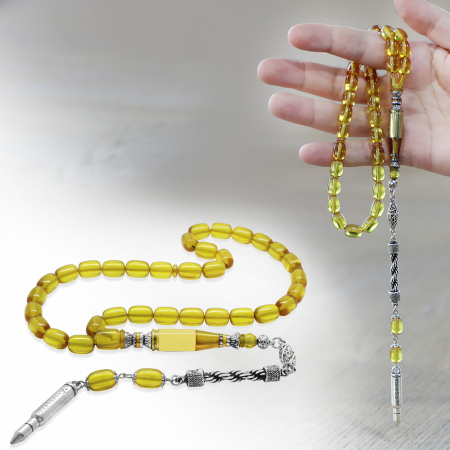 Kararmaz Metal Halat Püsküllü Kurşun Nakkaş İmameli Kapsül Kesim Sarı Ateş Kehribar Tesbih - Tesbihane