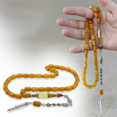 Kararmaz Metal Halat Püsküllü Kurşun Nakkaş İmameli Kapsül Kesim Sarı Sıkma Kehribar Tesbih - Tesbihane