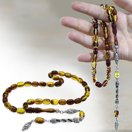 Kararmaz Metal Halat Püsküllü Özel Kesim Sarı - Siyah Fosilli Beyrut Kehribar Tesbih - Tesbihane