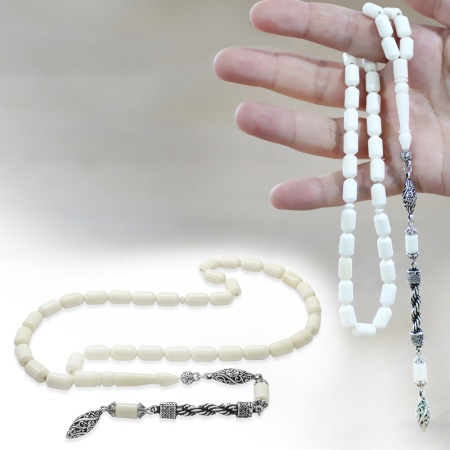 Kararmaz Metal Halat Püsküllü Uçlu Kapsül Kesim Beyaz Renk Deve Kemiği Tesbih - Tesbihane