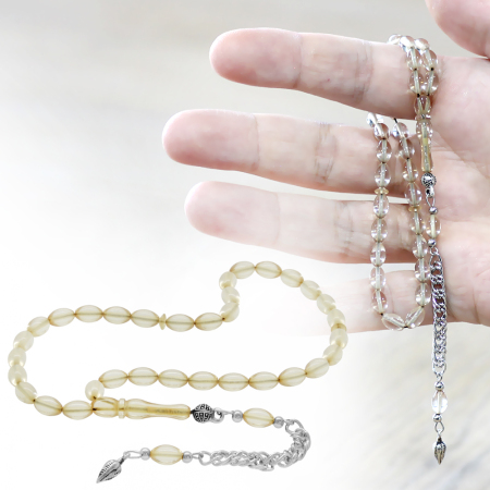 Ateş Kehribar Tesbih - Kararmaz Metal Püsküllü - Mini Boy - Şeffaf Beyaz Renk - Arpa Kesim - Tesbihane