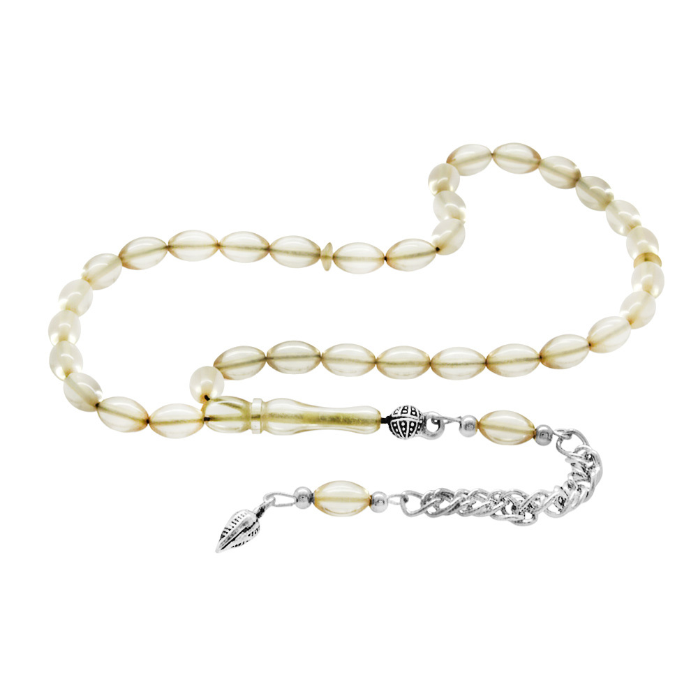 Ateş Kehribar Tesbih - Kararmaz Metal Püsküllü - Mini Boy - Şeffaf Beyaz Renk - Arpa Kesim - 2