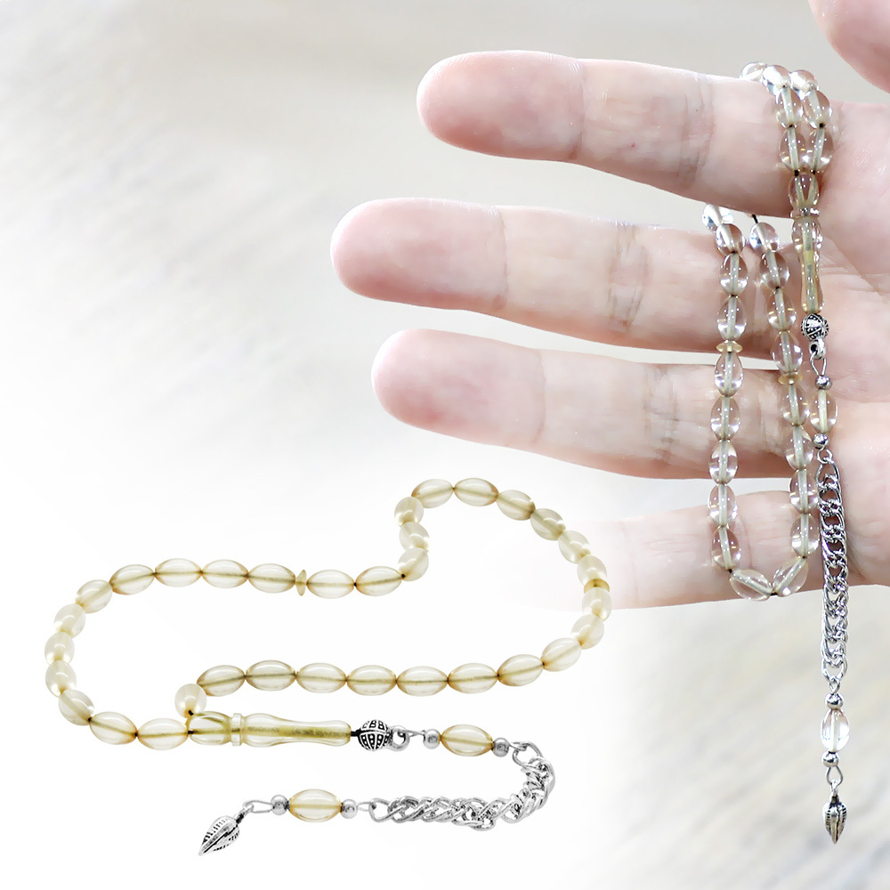 Ateş Kehribar Tesbih - Kararmaz Metal Püsküllü - Mini Boy - Şeffaf Beyaz Renk - Arpa Kesim - 1