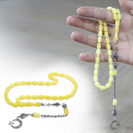 Kararmaz Metal Kafes Zincir Püsküllü Kapsül Kesim Sarı Beyaz Hareli Beyrut Kehribar Tesbih - Tesbihane