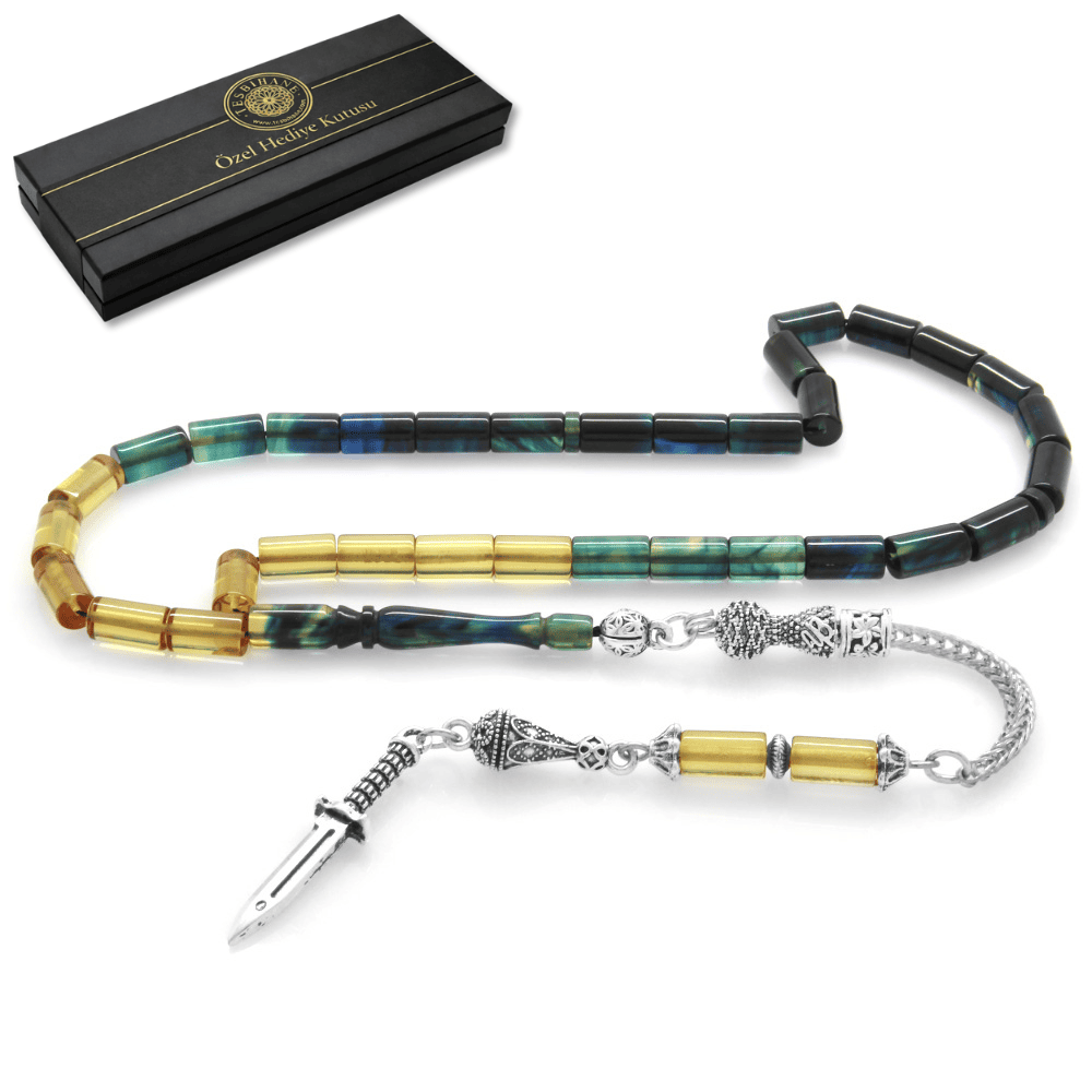 Kararmaz Metal Kama Püsküllü Kesme Kesim Süzme Mavi Beyaz Ateş Kehribar Tesbih - 1