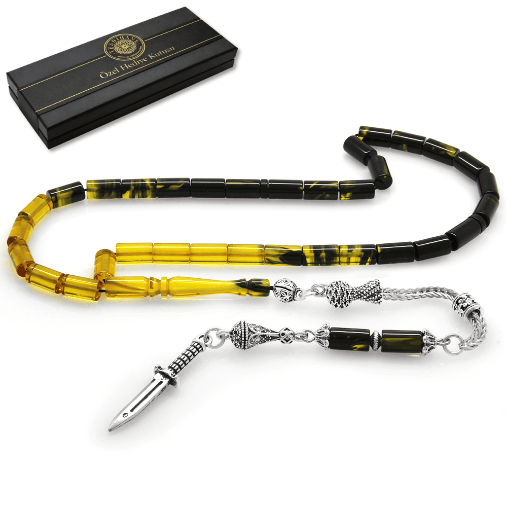 Kararmaz Metal Kama Püsküllü Kesme Kesim Süzme Sarı Siyah Ateş Kehribar Tesbih - 1