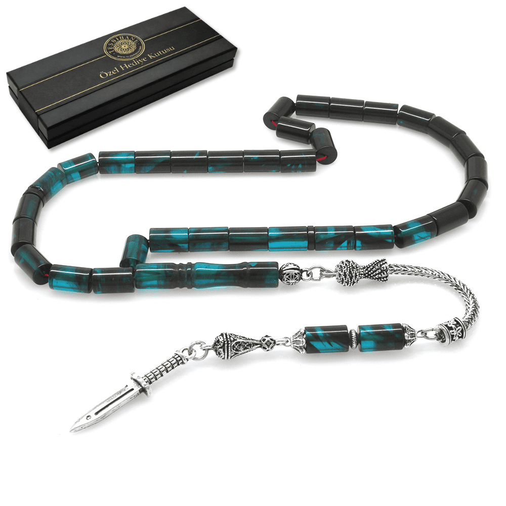 Kararmaz Metal Kama Püsküllü Kesme Kesim Süzme Turkuaz Siyah Ateş Kehribar Tesbih - 1