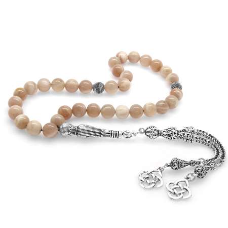 Kararmaz Metal Kazaz Püsküllü Küre Kesim Ay Taşı Doğaltaş Tesbih - Tesbihane