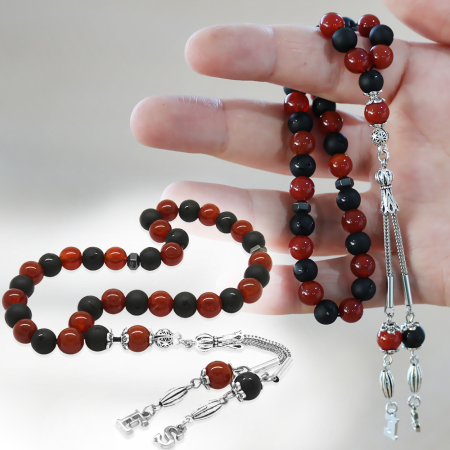 Kararmaz Metal İsme Özel Harf Püsküllü Küre Kesim Kırmızı Siyah Oniks Akik Doğaltaş Taraftar Tesbih - Tesbihane