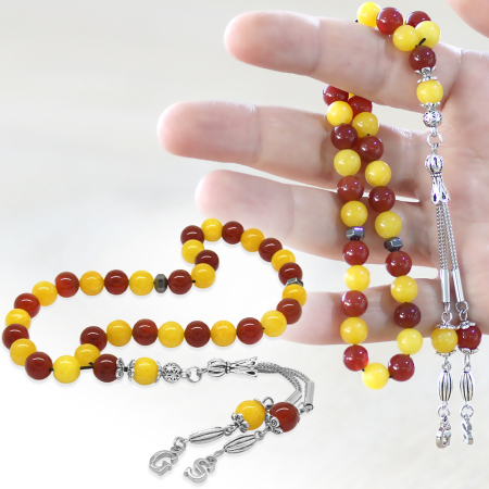 Kararmaz Metal İsme Özel Harf Püsküllü Küre Kesim Sarı Kırmızı Jade Akik Doğaltaş Taraftar Tesbih - Tesbihane