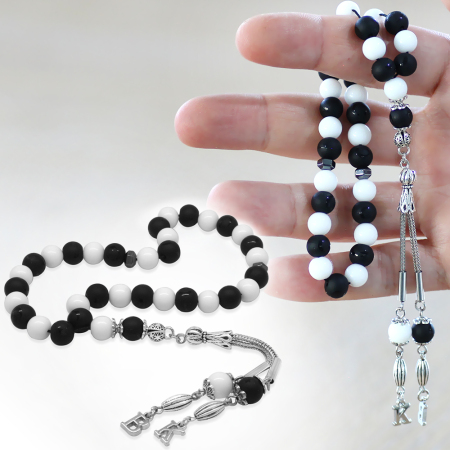 Kararmaz Metal İsme Harf Püskül Küre Kesim Siyah Beyaz Jade Ayyıldız Oniks Doğaltaş Taraftar Tesbih - Tesbihane