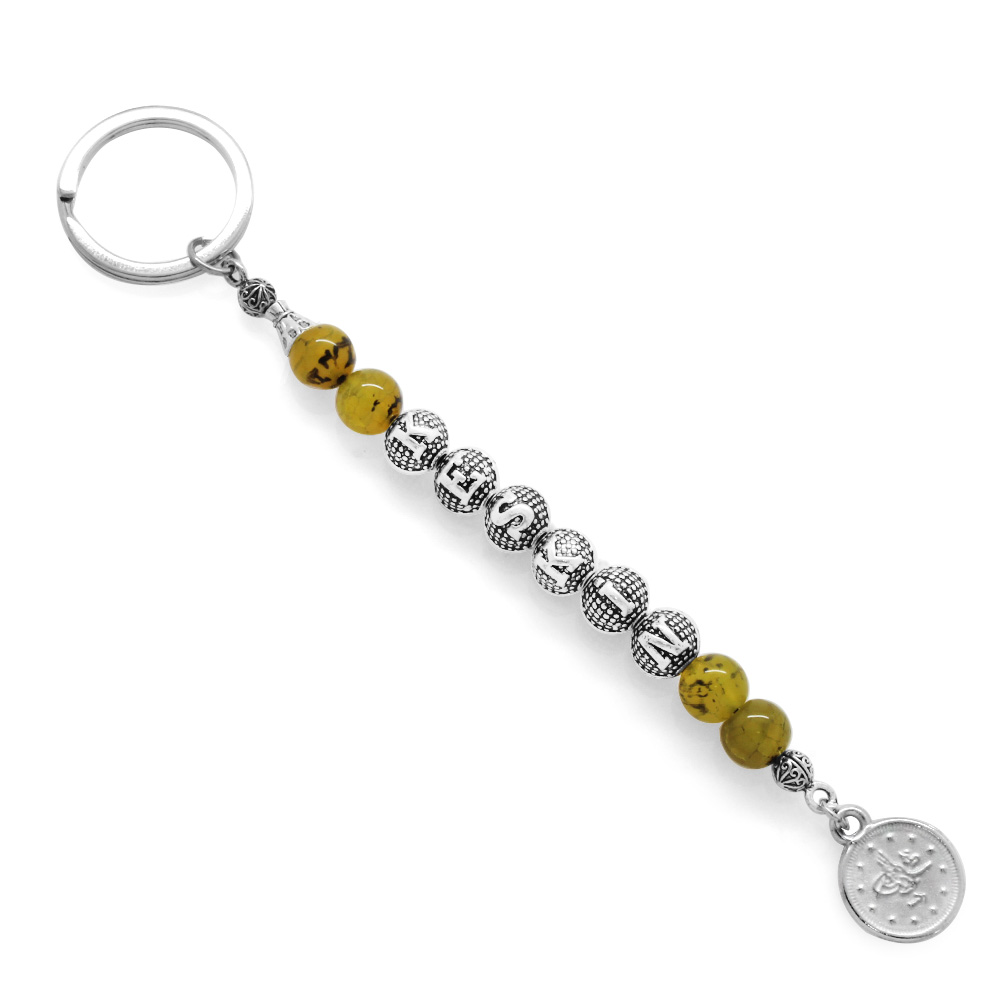 Kararmaz Metal İsme Özel Yazılı Damarlı Akik Doğaltaş ve Çelik Bileşim Anahtarlık - 1