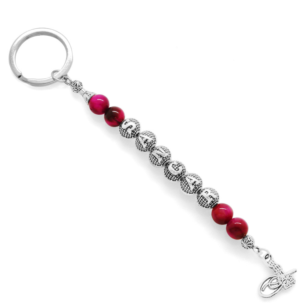 Kararmaz Metal İsme Özel Yazılı Fuşya Kaplan Gözü Doğaltaş ve Çelik Bileşim Anahtarlık - 1