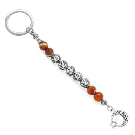 Kararmaz Metal İsme Özel Yazılı Kırmızı Siyah Akik Doğaltaş Çelik Kombinli Anahtarlık - Tesbihane