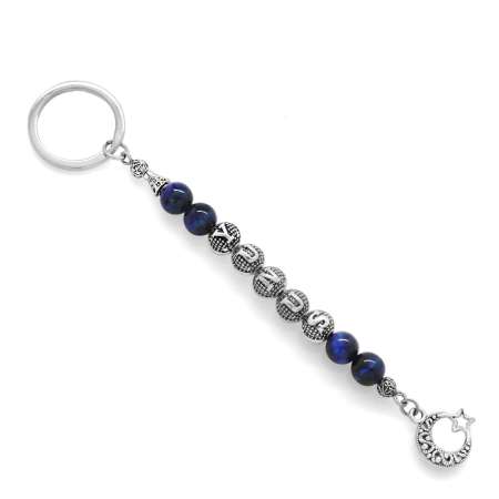 Kararmaz Metal İsme Özel Yazılı Mavi Kaplan Gözü Doğaltaş ve Çelik Bileşim Anahtarlık - Tesbihane