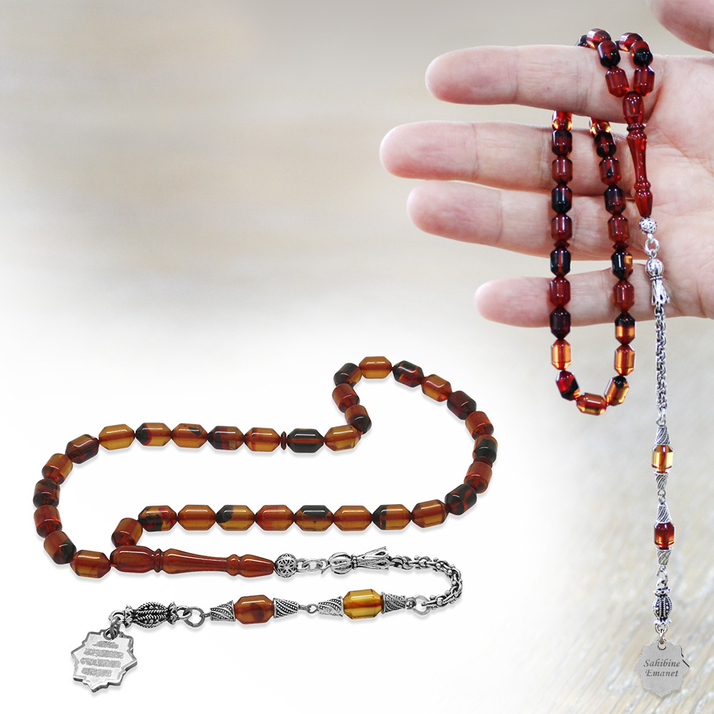 Kararmaz Metal Püsküllü Elmas Kesim İsim Yazılı Nazar Ayeti Plakalı Bala Sarı Ateş Kehribar Tesbih - 1