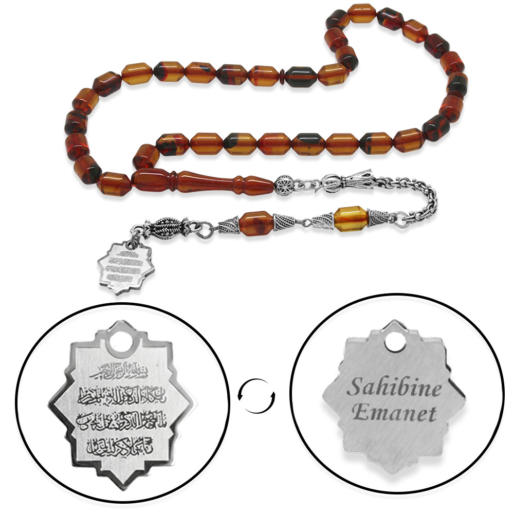 Kararmaz Metal Püsküllü Elmas Kesim İsim Yazılı Nazar Ayeti Plakalı Bala Sarı Ateş Kehribar Tesbih - 4