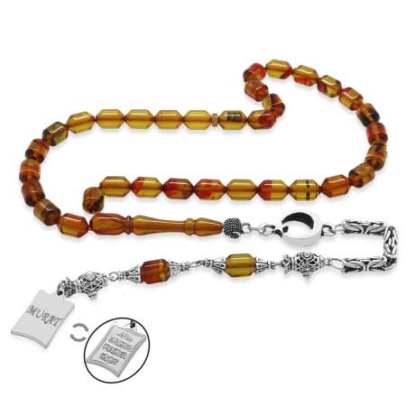 Kararmaz Metal Püsküllü Uçlu Kapsül İsim Yazılı Nazar Ayeti Plakalı Bala Sarı Ateş Kehribar Tesbih - Tesbihane