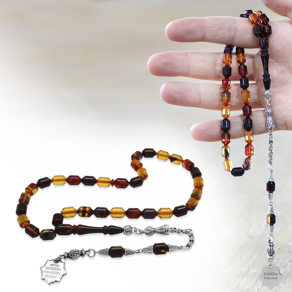 Kararmaz Metal Püsküllü Elmas Kesim İsim Yazılı Nazar Ayeti Plakalı Bonibon Ateş Kehribar Tesbih - 1