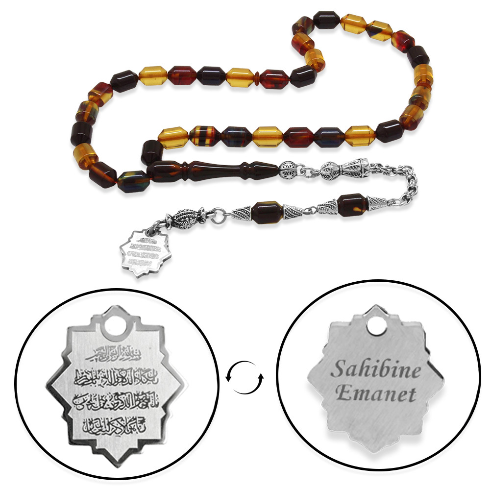 Kararmaz Metal Püsküllü Elmas Kesim İsim Yazılı Nazar Ayeti Plakalı Bonibon Ateş Kehribar Tesbih - 4