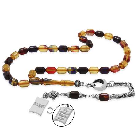 Kararmaz Metal Püsküllü Uçlu Kapsül İsim Yazılı Nazar Ayeti Plakalı Bonibon Ateş Kehribar Tesbih - Tesbihane