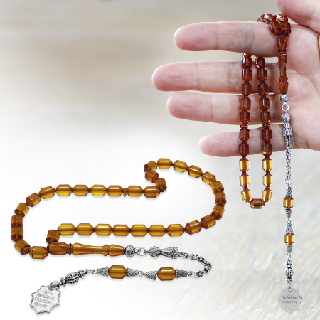 Kararmaz Metal Püsküllü Elmas Kesim İsim Yazılı Nazar Ayeti Plakalı Sarı Ateş Kehribar Tesbih - Tesbihane