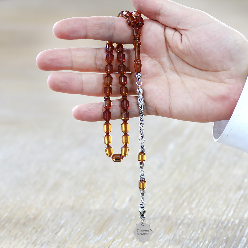 Kararmaz Metal Püsküllü Elmas Kesim İsim Yazılı Nazar Ayeti Plakalı Sarı Ateş Kehribar Tesbih - 2