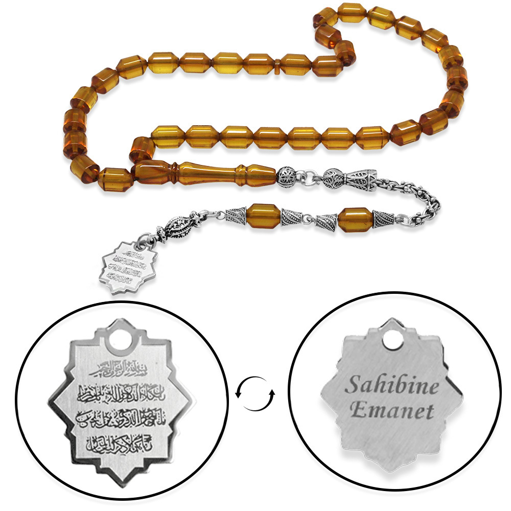 Kararmaz Metal Püsküllü Elmas Kesim İsim Yazılı Nazar Ayeti Plakalı Sarı Ateş Kehribar Tesbih - 4