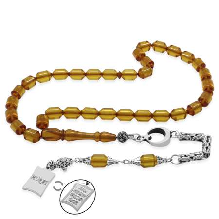 Kararmaz Metal Püsküllü Uçlu Kapsül Kesim İsim Yazılı Nazar Ayeti Plakalı Sarı Ateş Kehribar Tesbih - Tesbihane