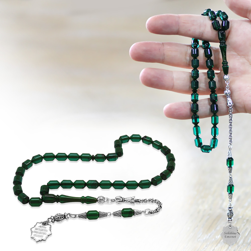 Kararmaz Metal Püsküllü Elmas Kesim İsim Yazılı Nazar Ayeti Plakalı Yeşil Siyah Ateş Kehribar Tesbih - 1